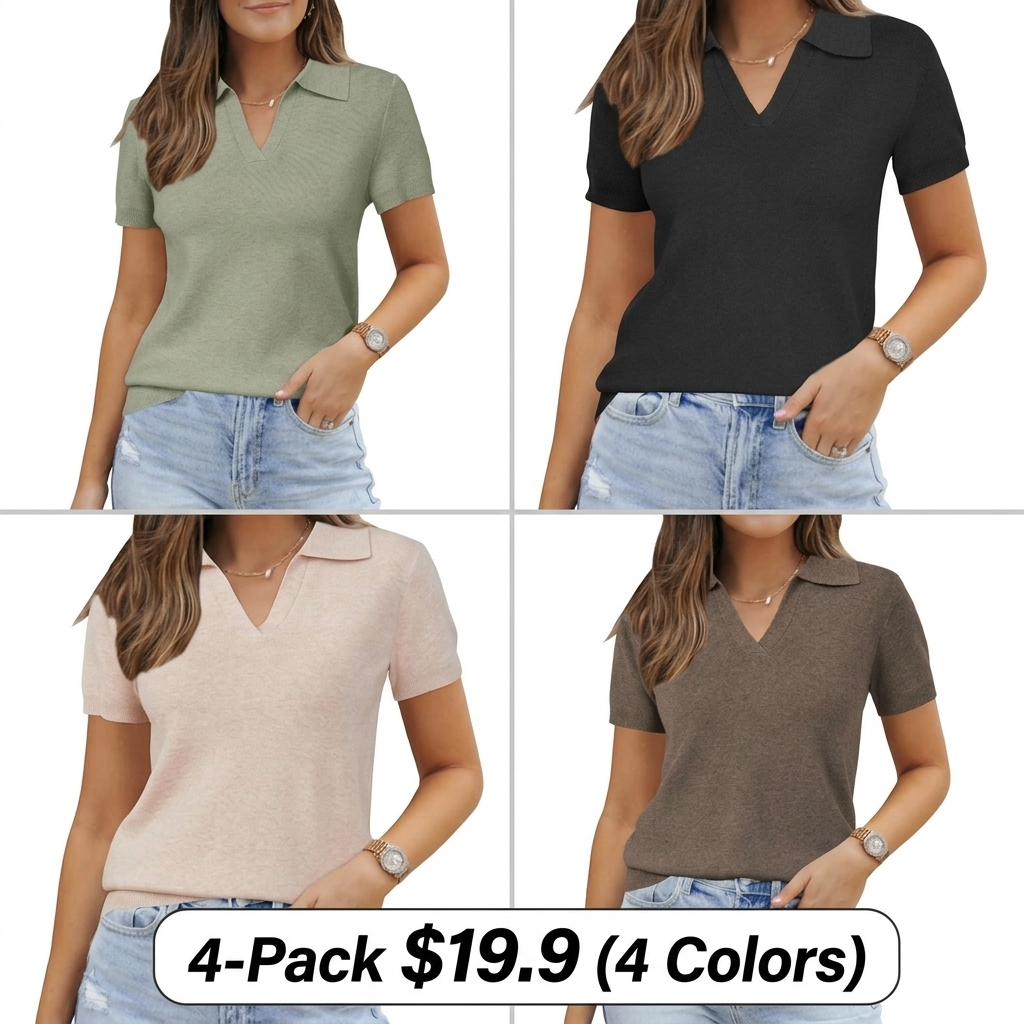 Women's Short Sleeve Wool Blend Polo Sweater