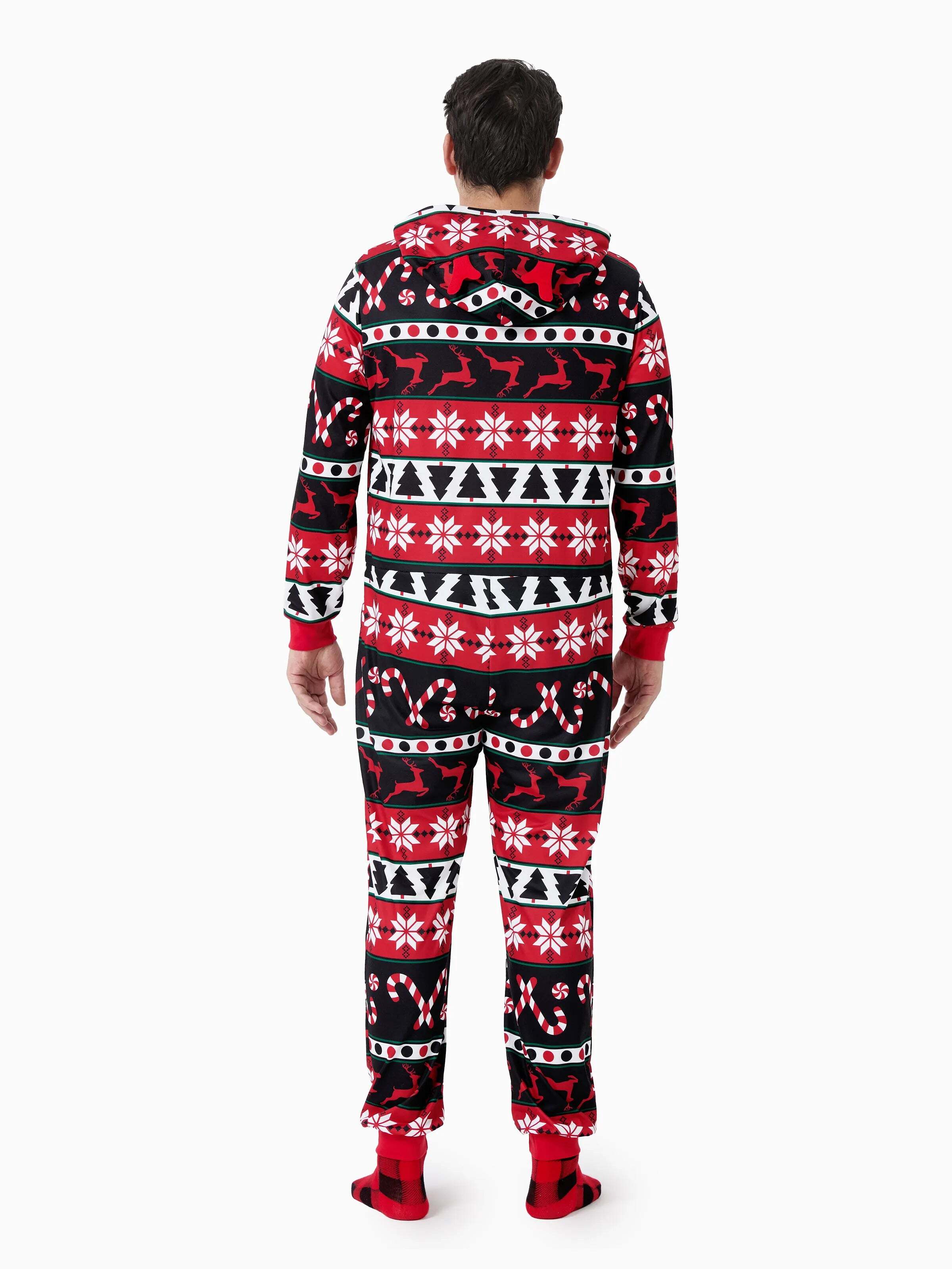 Christmas Pajamas 3D Reindeer Pattern Zipper Hooded Onesies Matching Family Outfits red/black