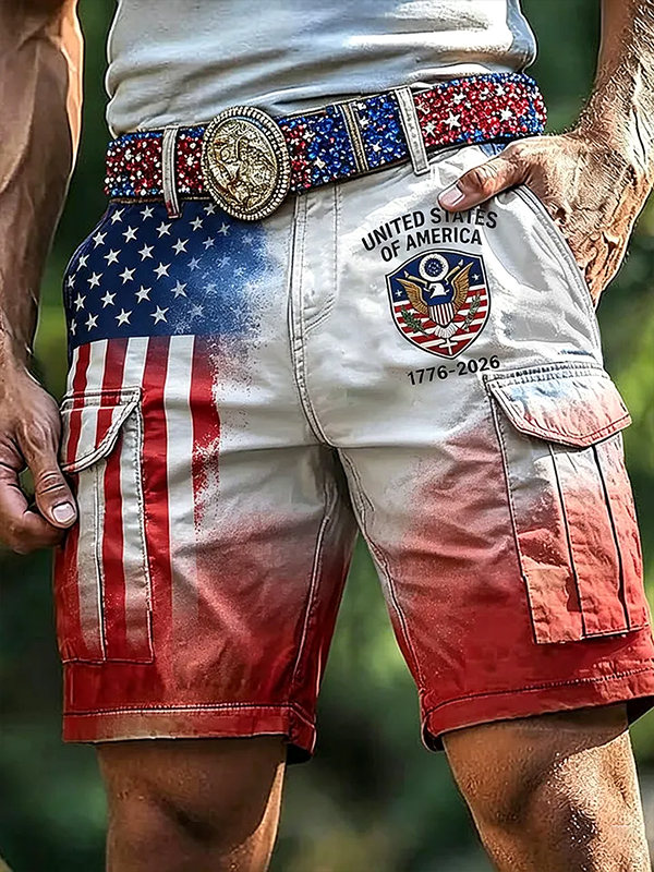 Men's Gradient Stars And Stripes Print Cargo Shorts
