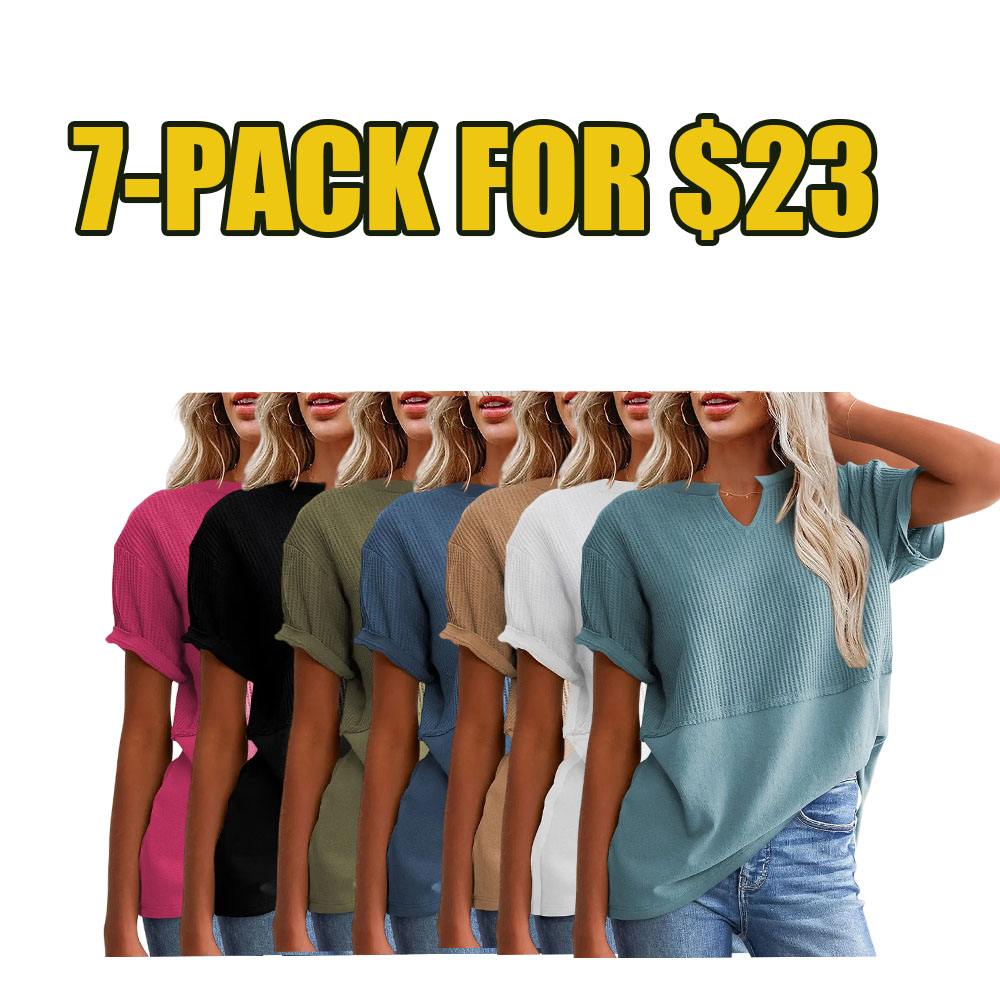 🌸 Women’s Waffle Knit V-Neck Tunic Top – Casual Summer Short Sleeve Knit Shirt
