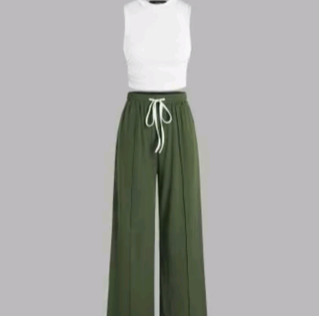 kendall same style Women's 2-Piece Ruched Tank Top and Elastic Waist Tie Trousers Set – Casual Lounge Outfit, 6 Colors