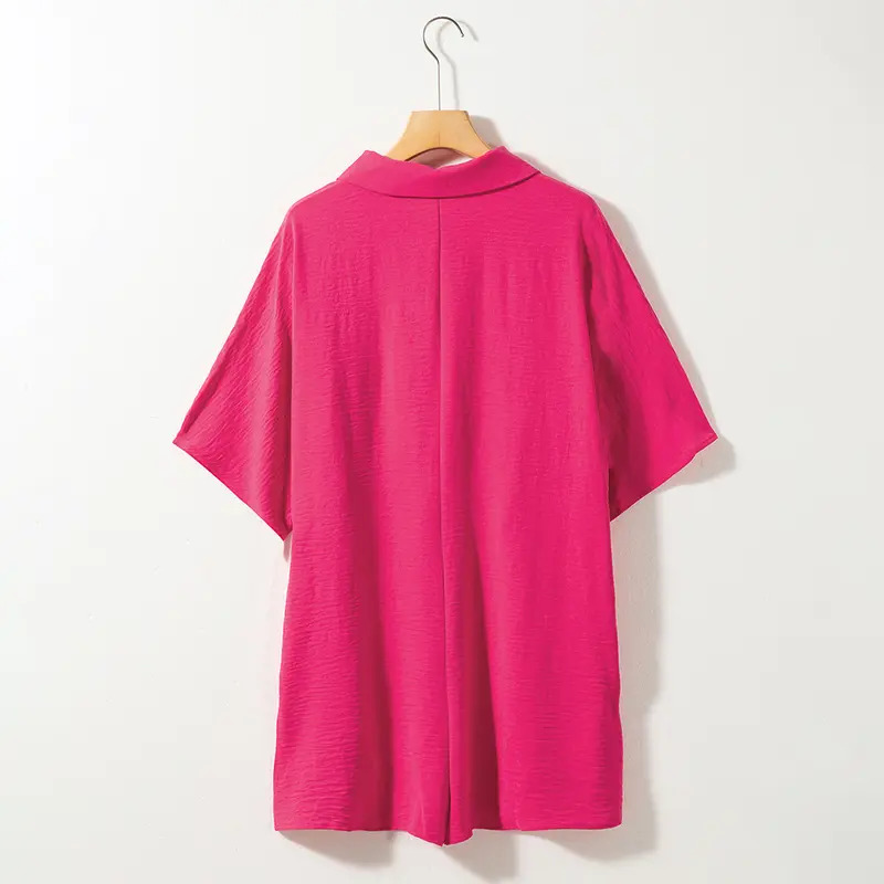 Women’s Minimalist Button Collar Romper – Casual Loose Fit Short Sleeve Pocket Jumpsuit
