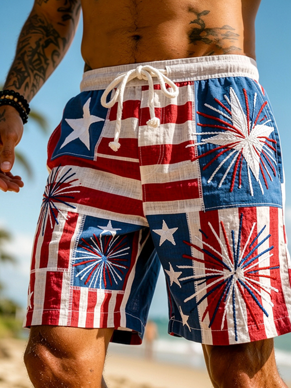 Men's American Anniversary Fireworks Art Print Casual Shorts