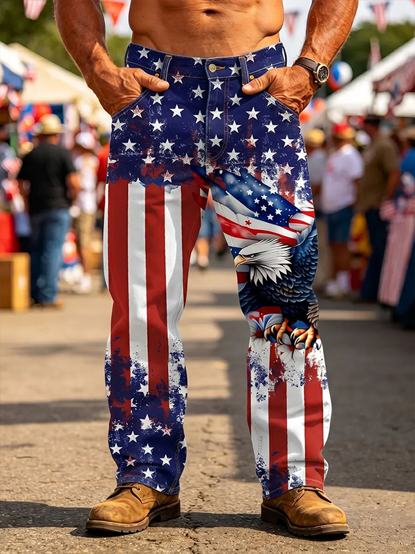 Men's Distressed American Flag Eagle Art Print Casual Pants