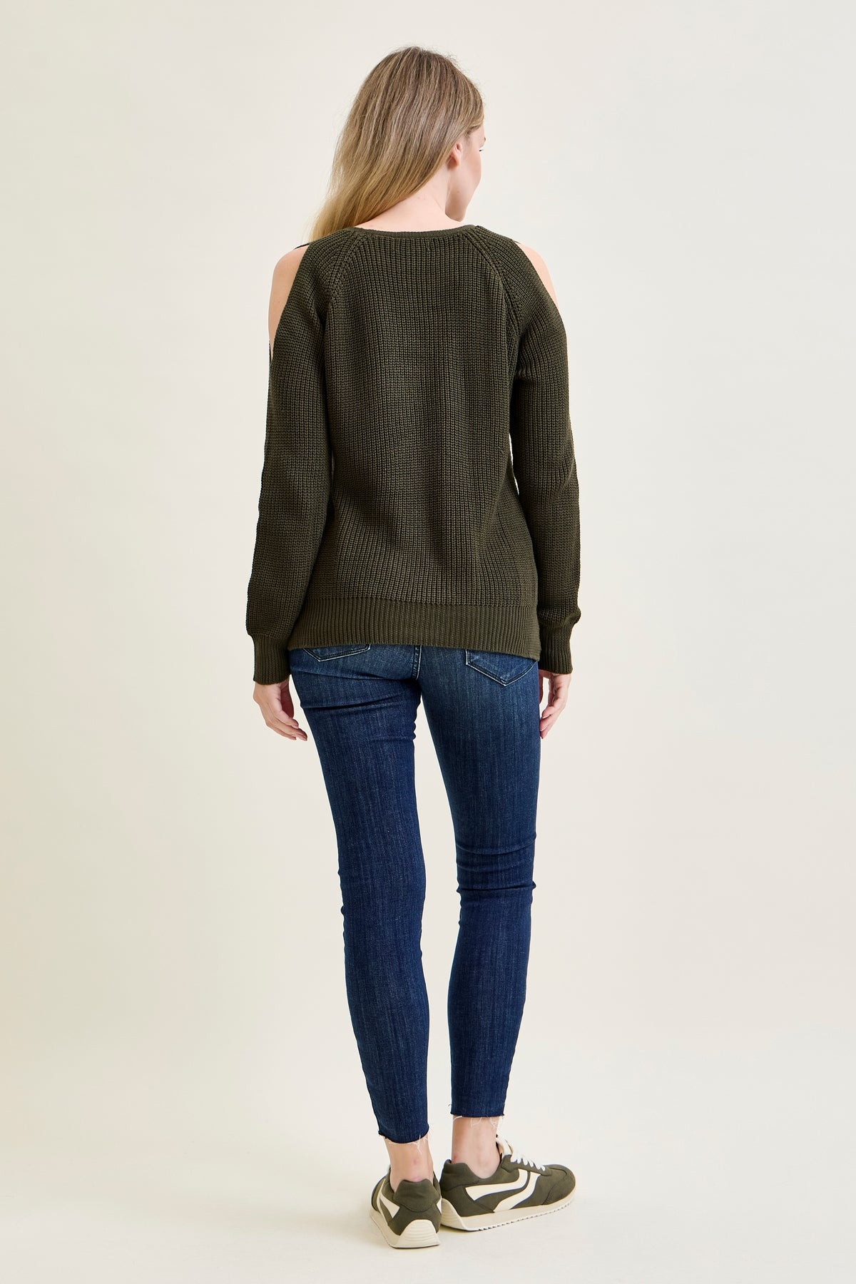 V-Neck Lace-Up Cold Shoulder Green Sweater