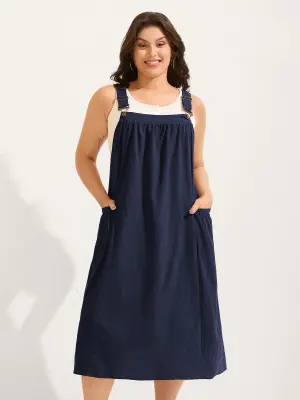 [M-6X] Cotton Pinafore Overall Dress Sleeveless with Square Neckline  Adjustable Strap and Pleated Pockets Breathable Midi Length Side Seam Plus Size Minimalist 2026 Summer Pick for Mother's Day
