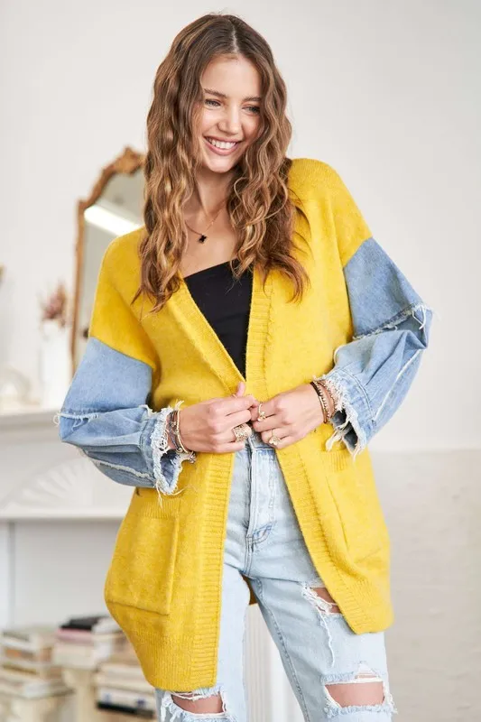 Full Size Frayed Denim Sleeve Sweater Cardigan Plus Size