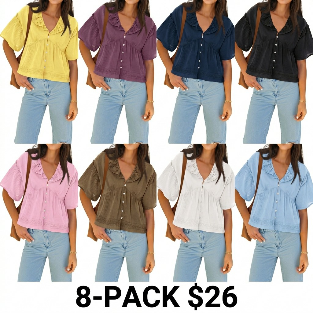 Women's Cropped Babydoll Top – V Neck Eyelet Blouse with Ruffle Sleeves & Button Front