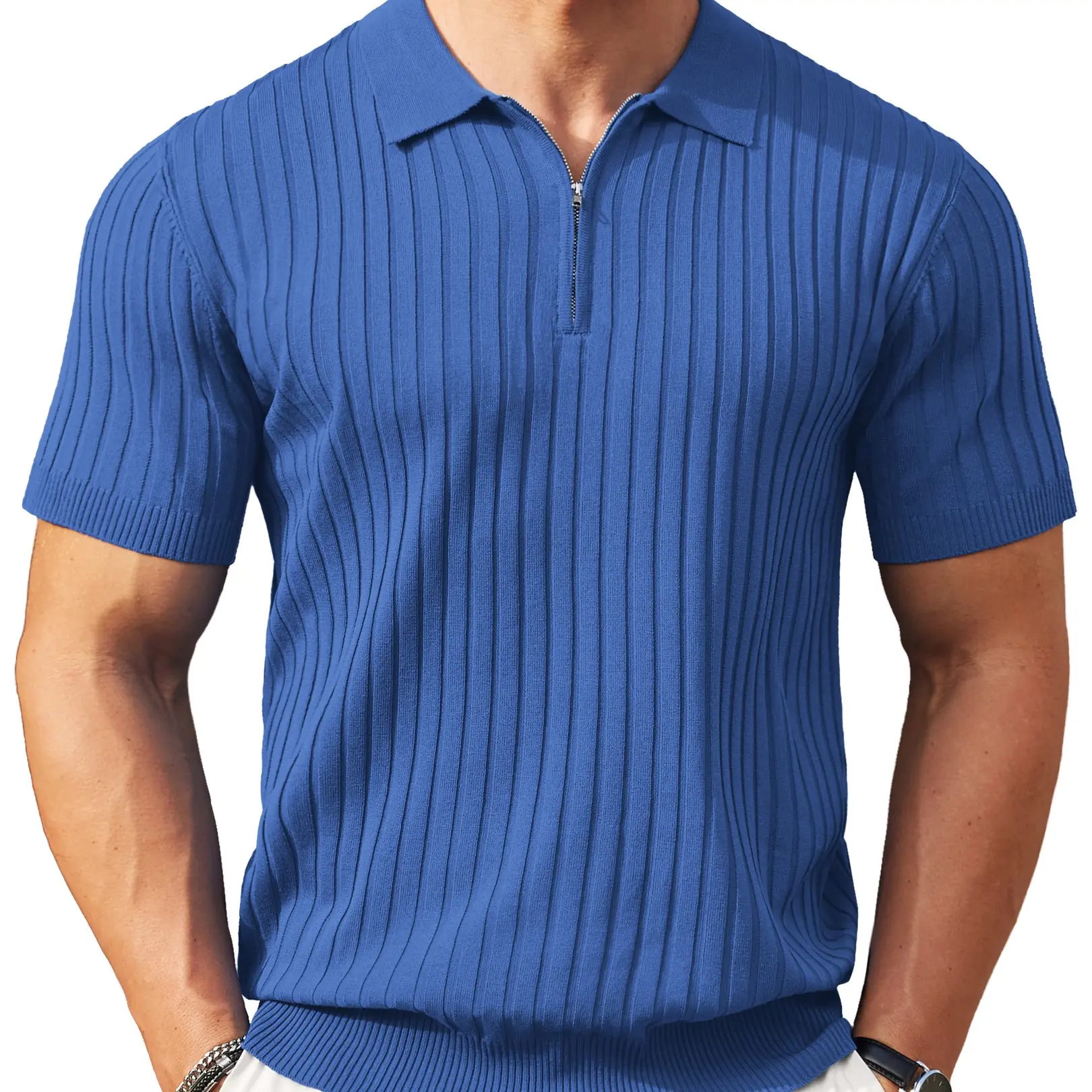 New York Fashion Week Men's Zipper Polo Shirts Short Sleeve Ribbed Knit Polo T Shirts