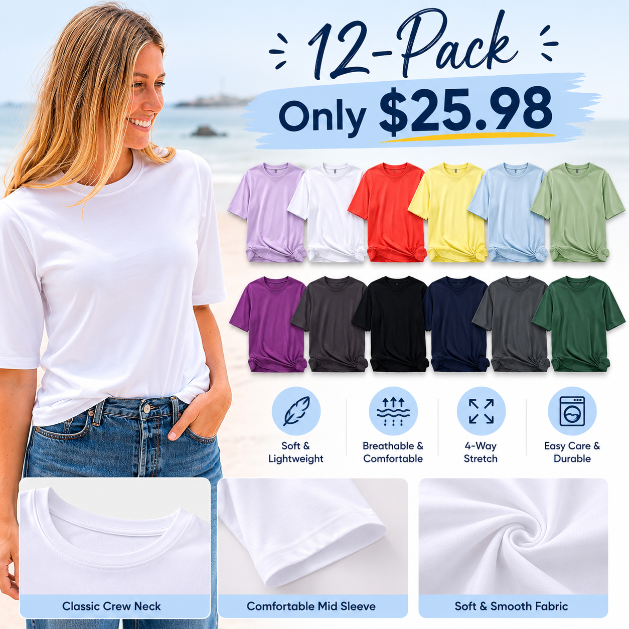 Womens Elbow Sleeve Crew Neck