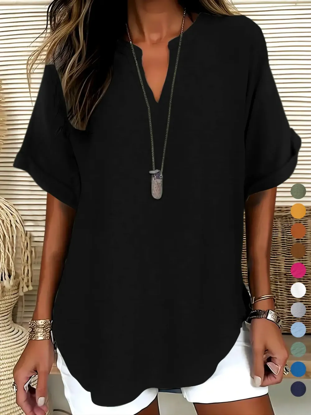 Women's solid color short-sleeved shirt, suitable for everyday wear, all year round