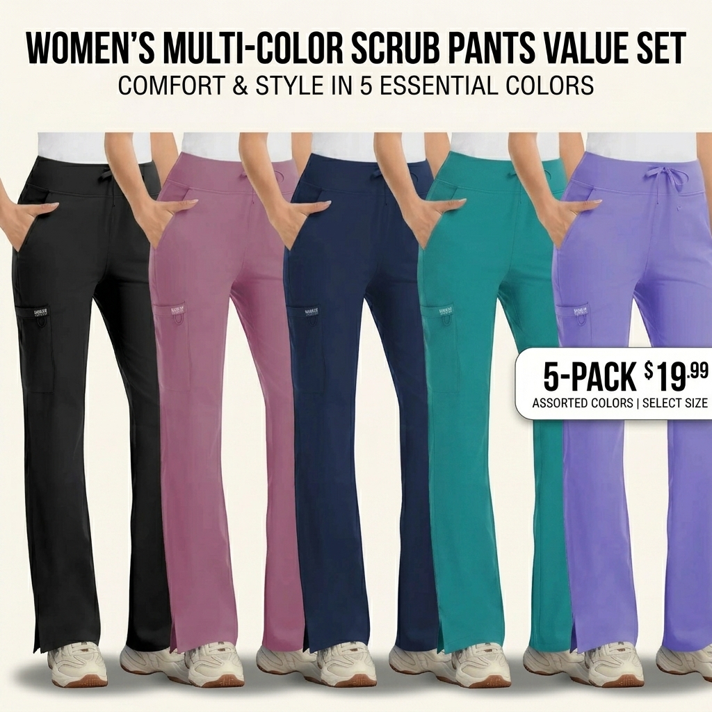 Women's Stretch Scrub Set - V-Neck Top & High Rise Yoga Waist Pants with Pockets