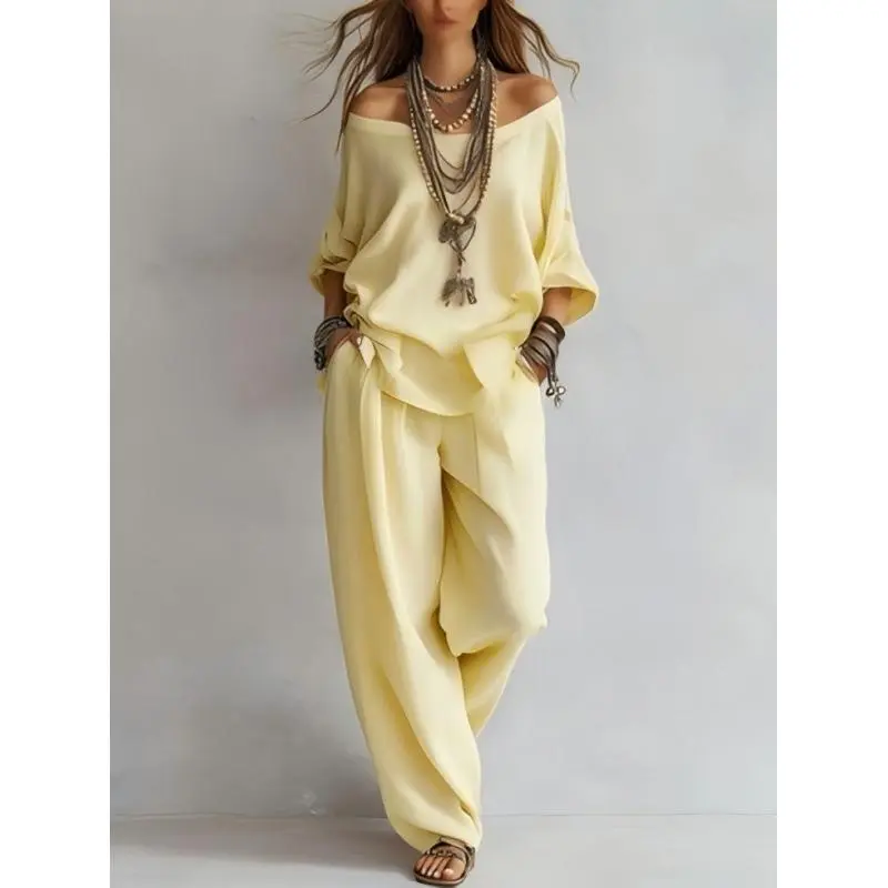 Women's 2-Piece Set, Summer New Casual Elegant Commuting Outfit with Loose 7-Quarter-Sleeved Top and Wide-Leg Pants
