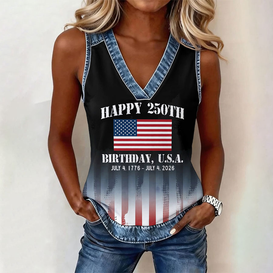 Women's Independence Day 250th Anniversary Commemorative Pattern Cowboy Patch Tank Top
