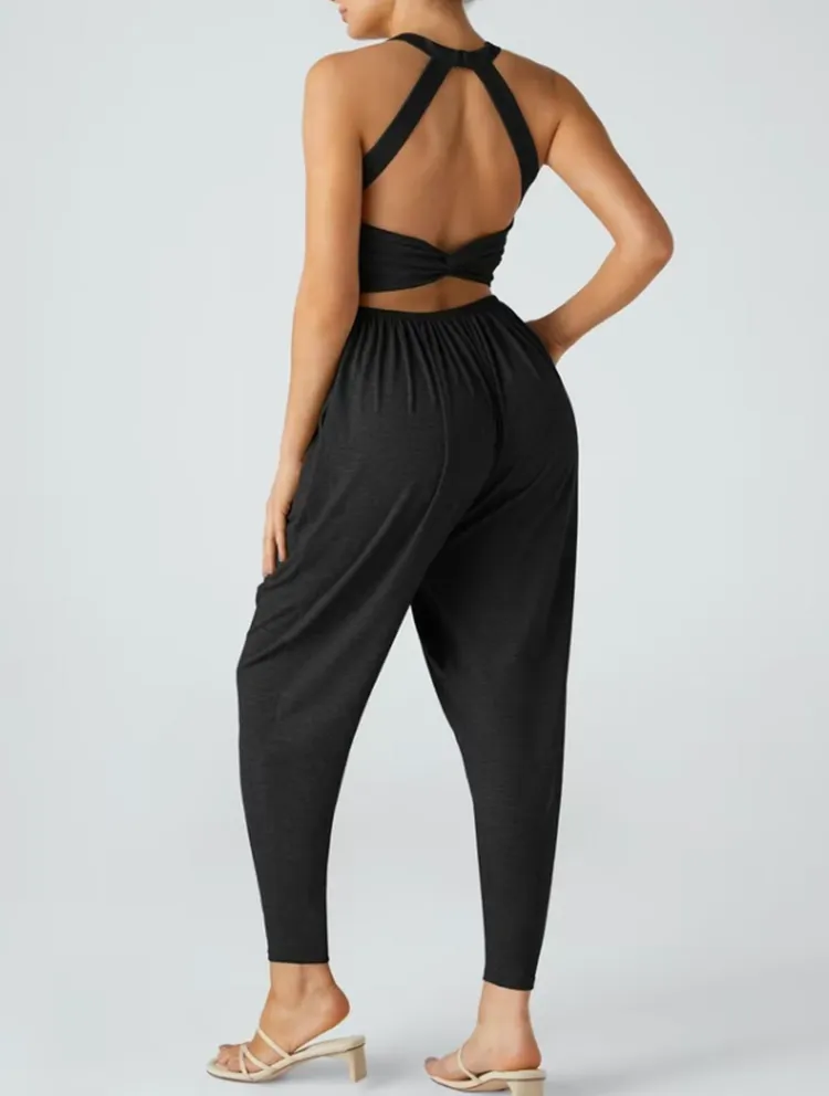 🔥💝Women's Backless Twisted U-Neck Harem Jumpsuit with Pockets