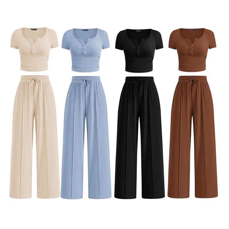 Women's Ribbed Crop Top & Wide Leg Pants Lounge Set