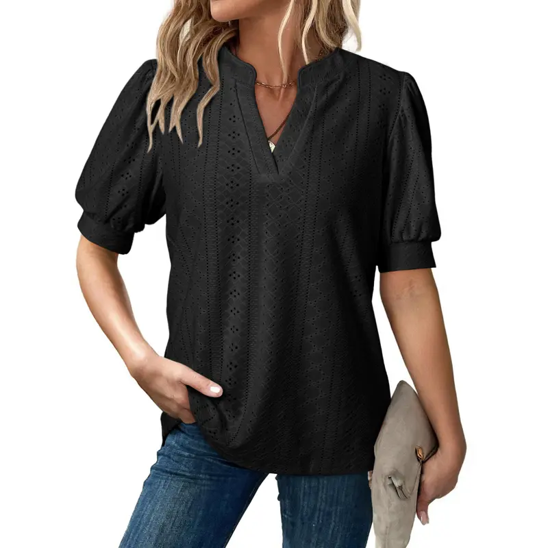 Women's Summer Business Casual Blouses V Neck Short Sleeve Shirts Hollow Out Cute Lace Tops Loose Fit Breathable Fabric