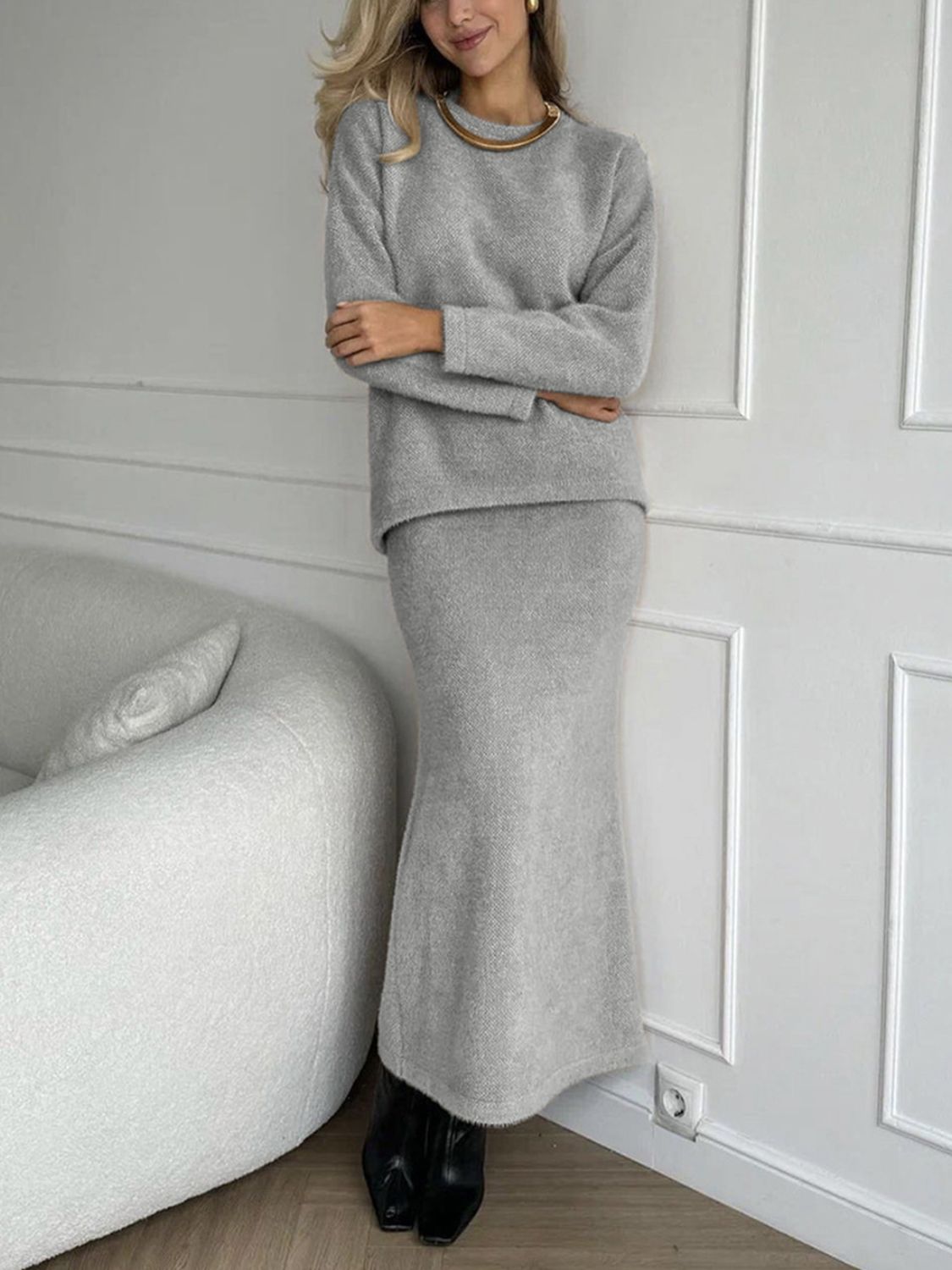 Round Neck Dropped Shoulder Top And Midi Skirt Sweater Set