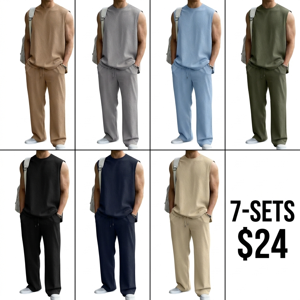 Mens 2 Piece Rib Knit Sweatsuit Summer Sleeveless Tank Top Baggy Wide Leg Pants Set Vacation Beach Outfit for Men