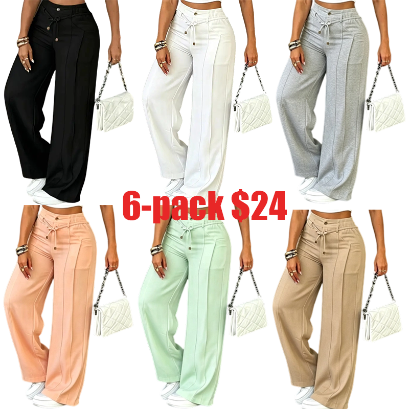 Women's High-Waisted Wide-Leg Trousers – Drapey Straight-Leg Casual Pants with Drawstring & Gold Button, Wrinkle-Resistant Summer Pants