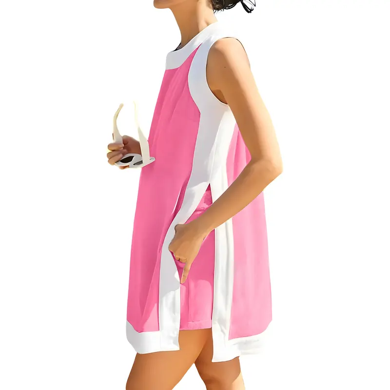 Women's Casual Two Piece Sets Color Block Crewneck Sleeveless Pullover Tops Matching Shorts With Pockets
