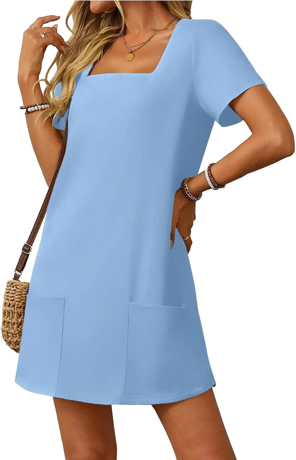 Womens Solid Casual Summer Square Neck Short Sleeve Mini Dresses Loose Fit Solid A-Line Tshirt Dress with Pockets