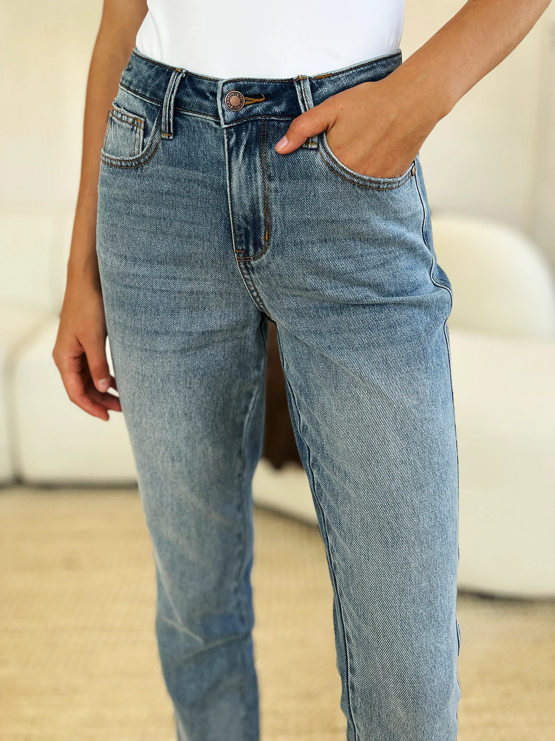 Blue Full Size Mid Rise Rigid Magic Release Hem Jeans