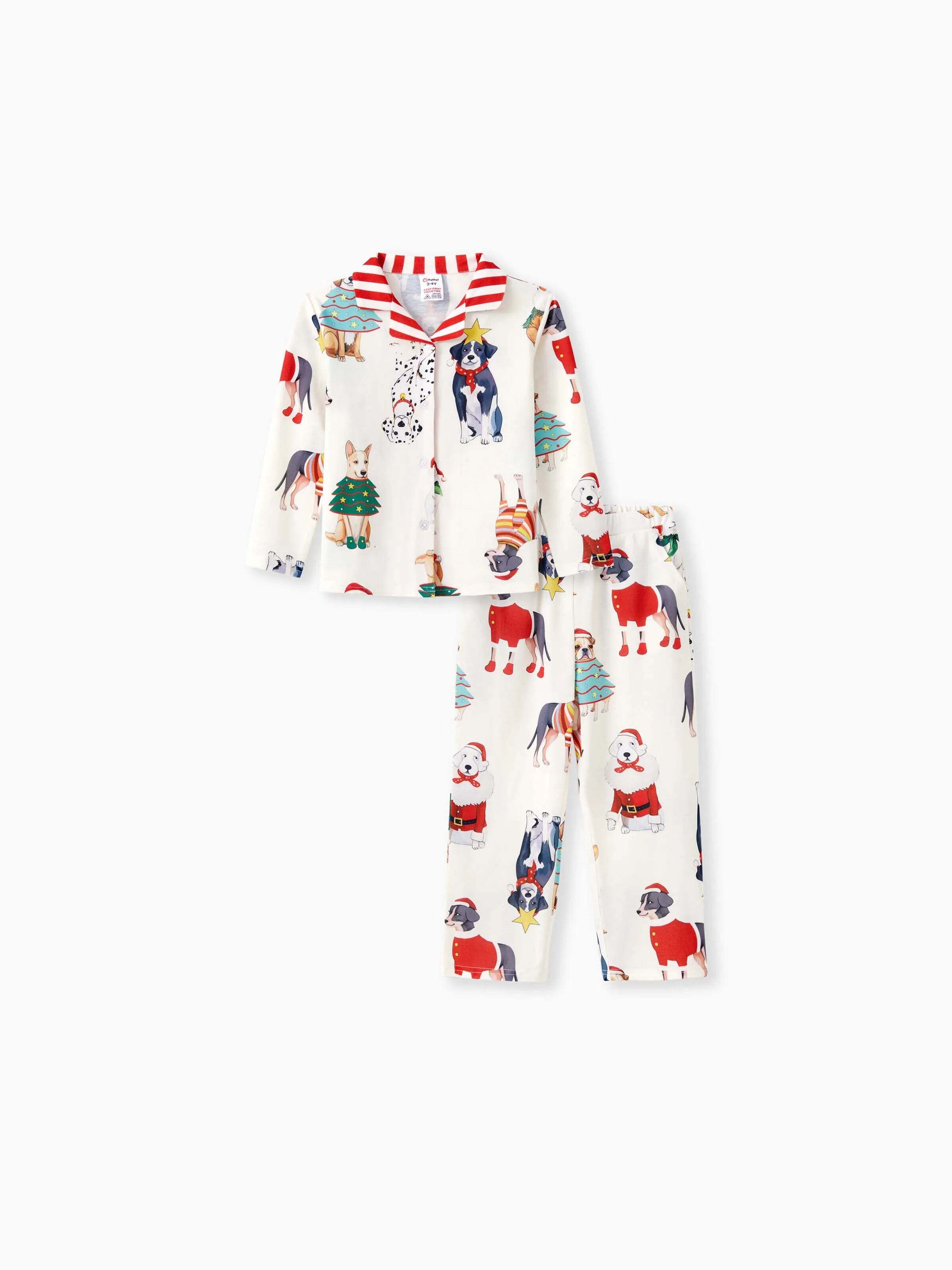 Christmas Pajamas Family Matching Cute Xmas Dog Collared Pajamas Sets with Christmas Socks LightApricot