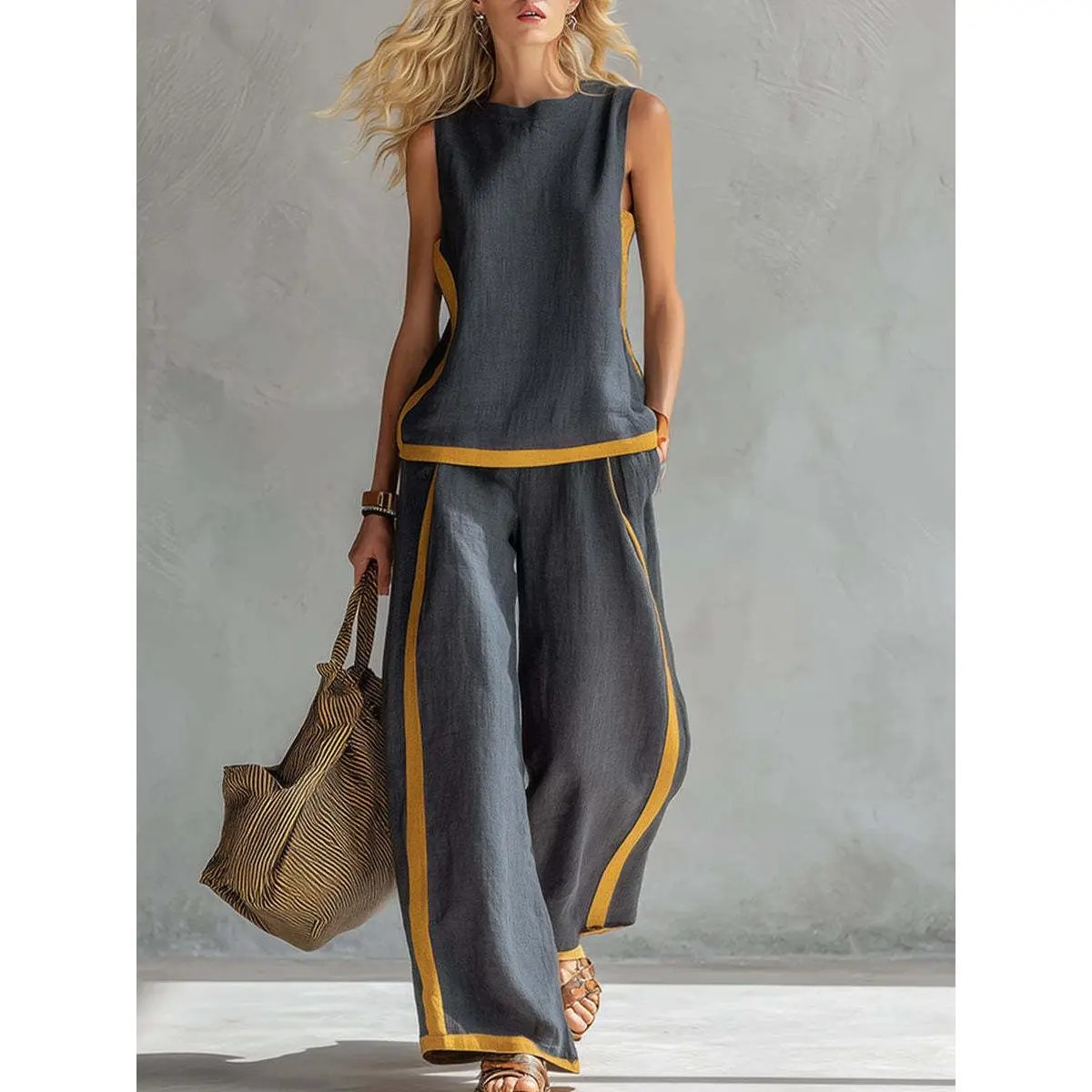 Women's Sleeveless Color Block Top & Wide Leg Pants Set