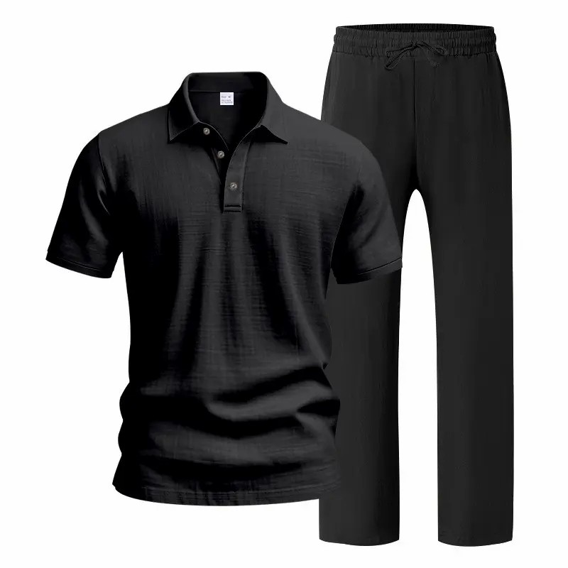 Men’s Linen Beach Two Piece Set, Casual Short Sleeve Button Down Shirt and Loose Long Pants Set
