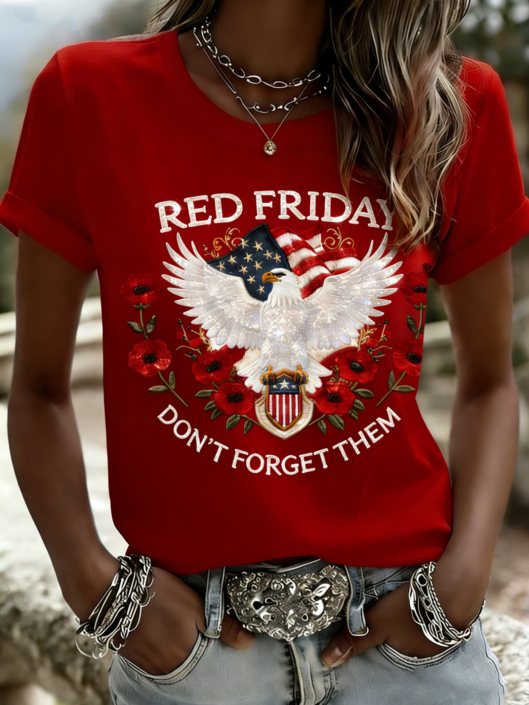 Women's Red Friday Print Casual Crew Neck Top