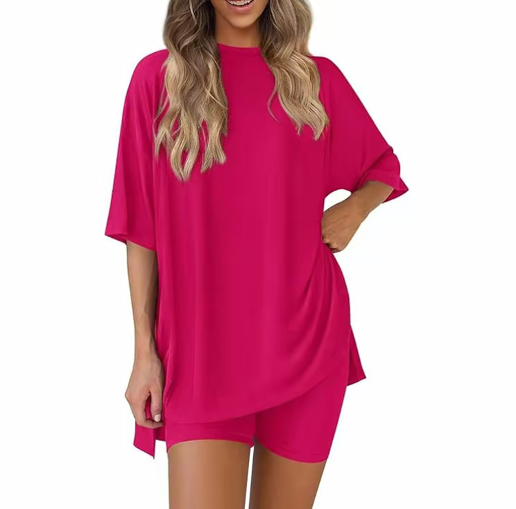 Women's Printed Casual Sporty Round Neck Drawstring Short Sleeve and Long Pants Two-Piece Set
