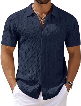 Mens Knit Button Down Shirt Short Sleeve Summer Casual Shirts Vintage Beach Vacation Shirts