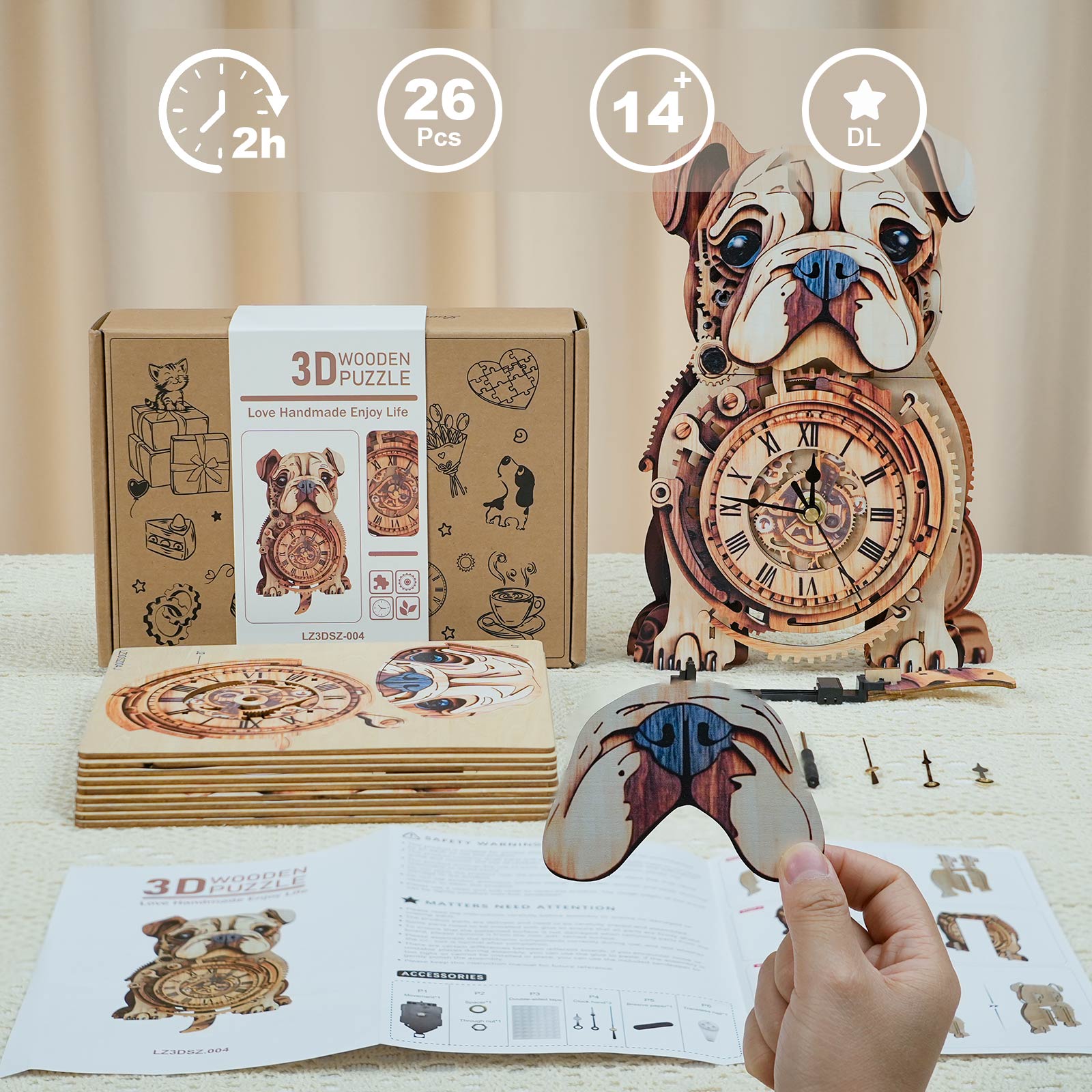 Bulldog DIY Wooden Clock, 3D Puzzle Craft Kit