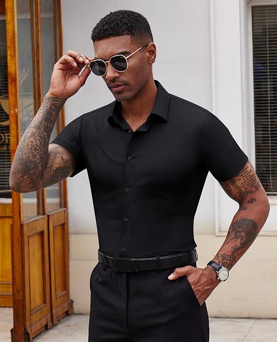 Men's Stretch Dress Shirts Short Sleeve Slim Fit Business Casual Button Down Shirts Muscle Fit Men's Dress Shirts Shortsleeve Menswear gifts for dad