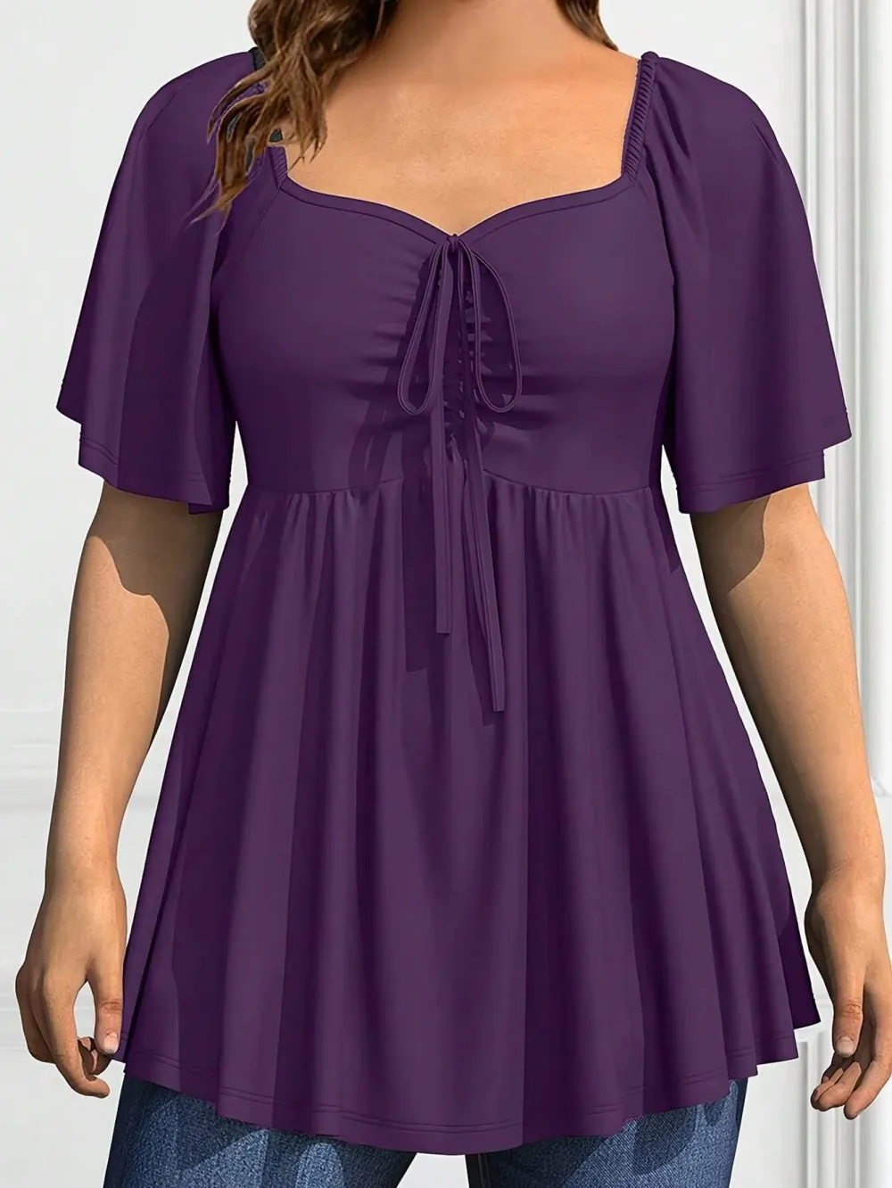 Plus Size Solid Color Rhinestone Collar Tie Front Short Sleeve Simple Casual T-Shirt