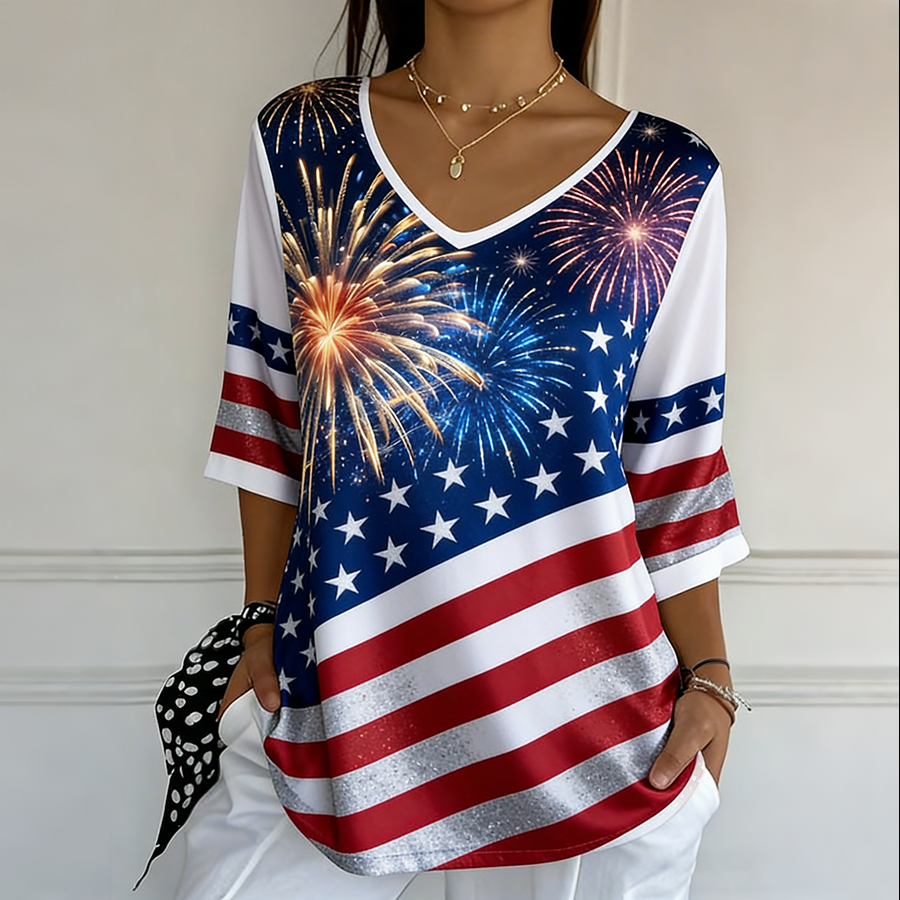 Ladies' Casual American Flag Print V-Neck Half Sleeved T-Shirt