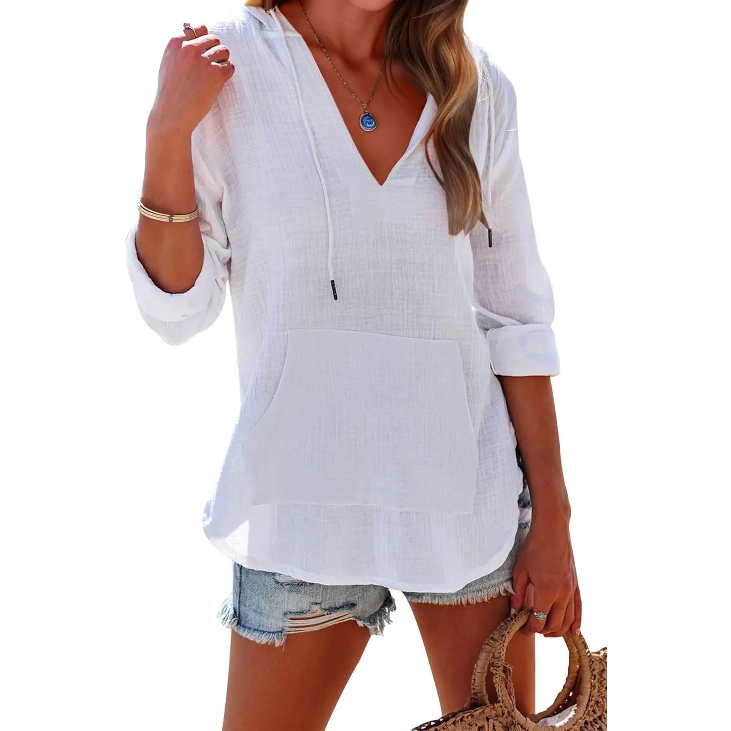 Women's Beach Cover Up hoodies sweatshirt Long Sleeve V Neck Pocketed Hooded Shirt Top