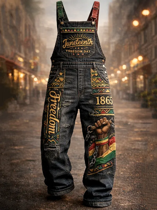 Men's 1865 Freedom Juneteenth Print Patchwork Overalls Jumpsuit