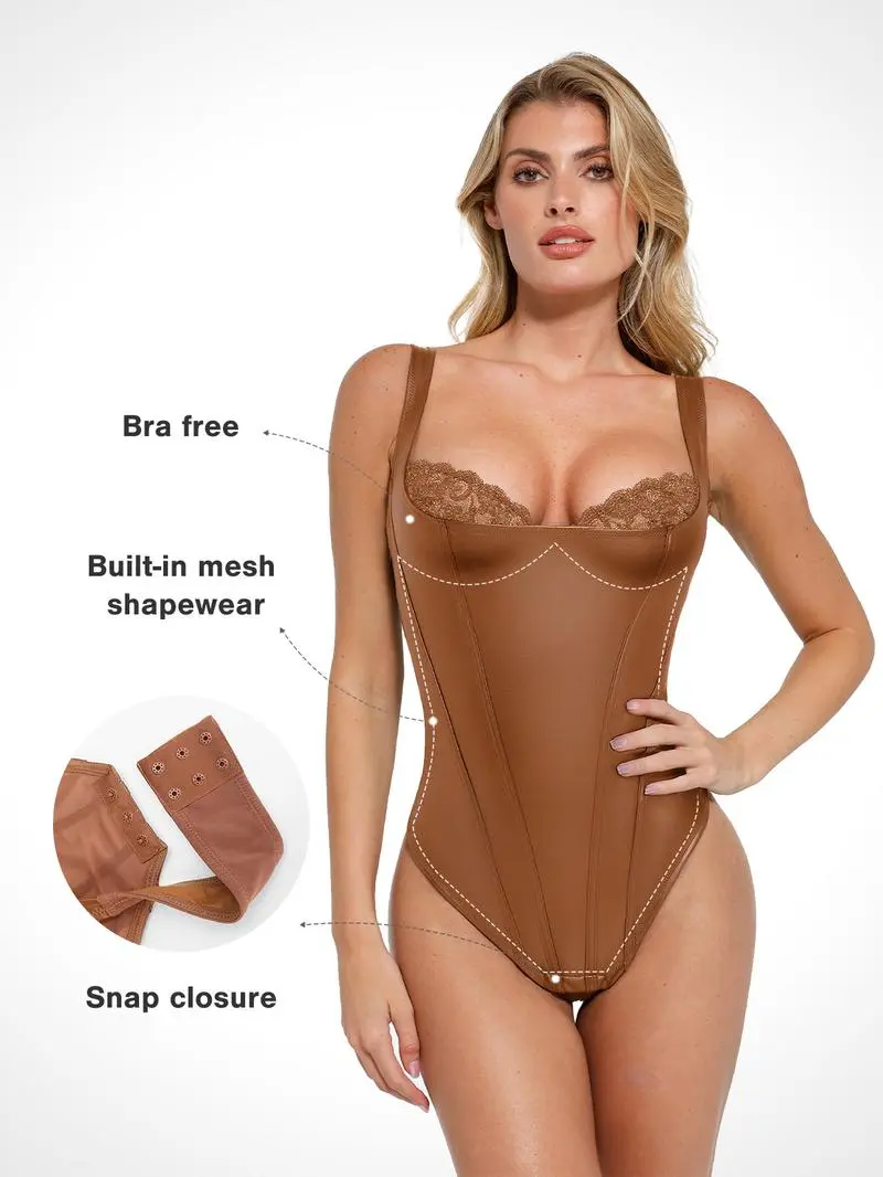 Leather Corset Top bodysuit Lace Trim Shapewear Tummy Control Bustier