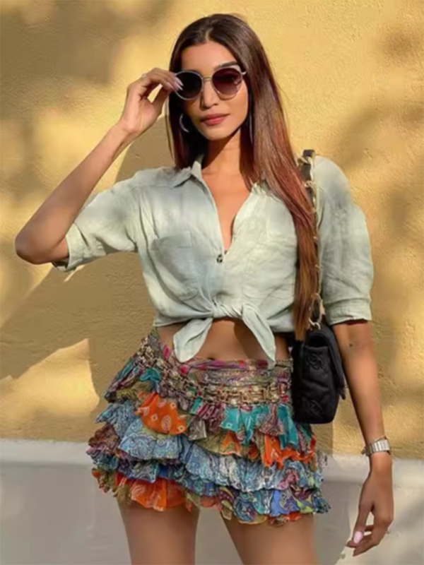 Multi Colored Pleated Hip-Hugging Mini Skirt - xelpri