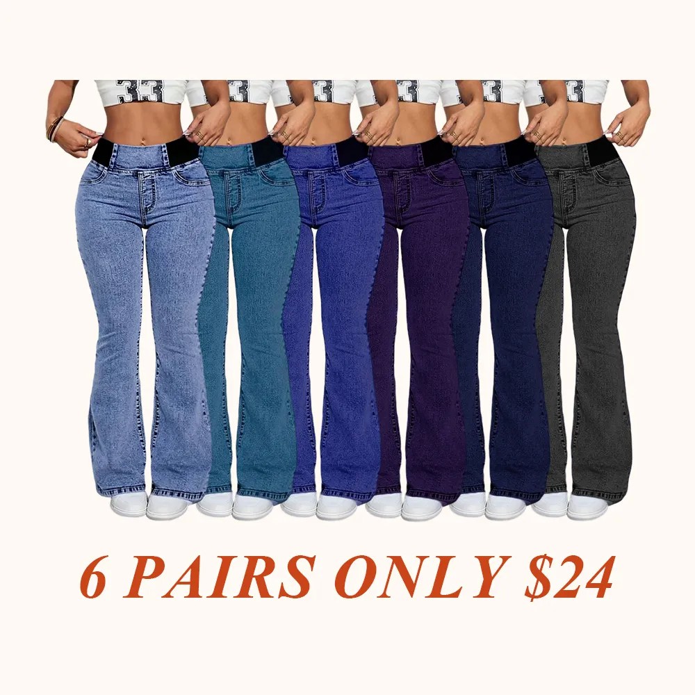 Women's Denim Print Flare Pants, Fashionable Long Jeans for Women