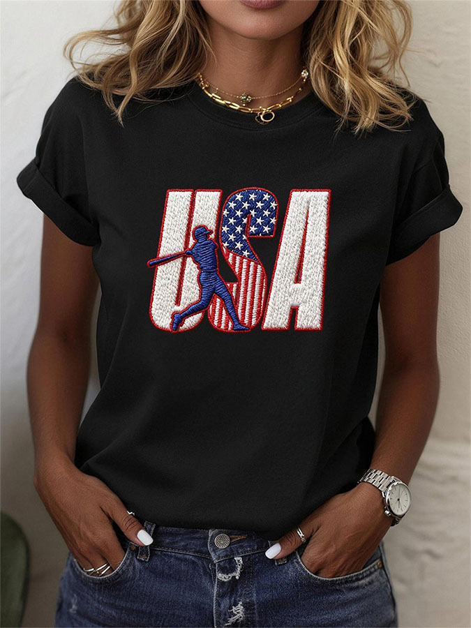 Women's Classic American Baseball Event Printed Round Neck Short Sleeve T-shirt