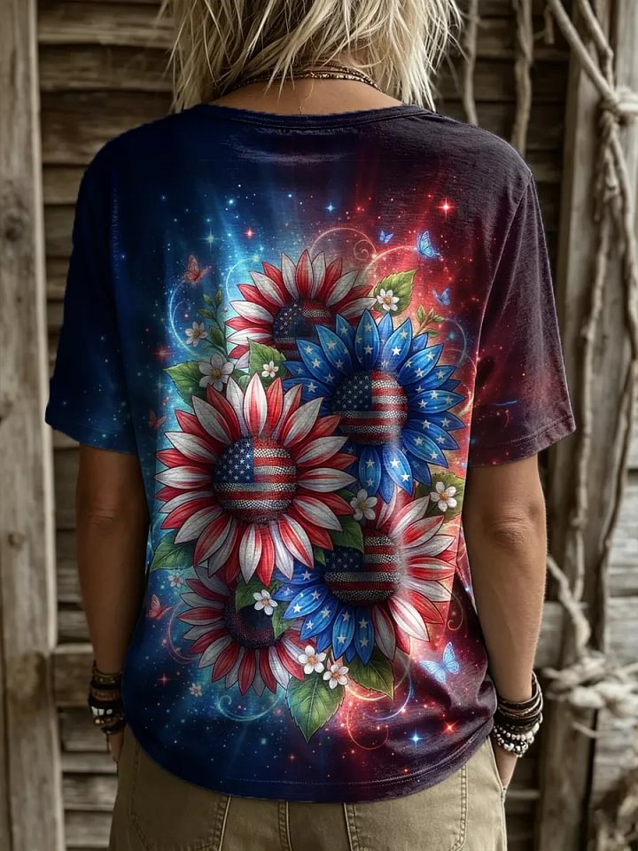 Women's Independence Day Sunflower Print Art Crew Neck Short Sleeve T-Shirt
