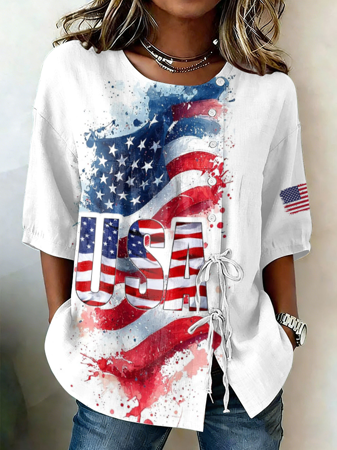 Women'S Cotton And Hemp Patriotic Independence Day Commemorative Printed Casual Shirt