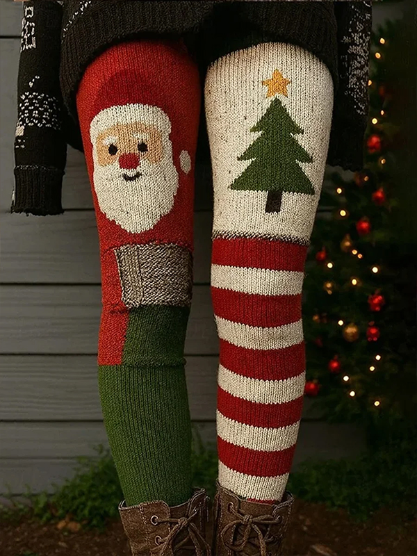 Women's Color Block Santa Claus Christmas Tree Striped Print Leggings