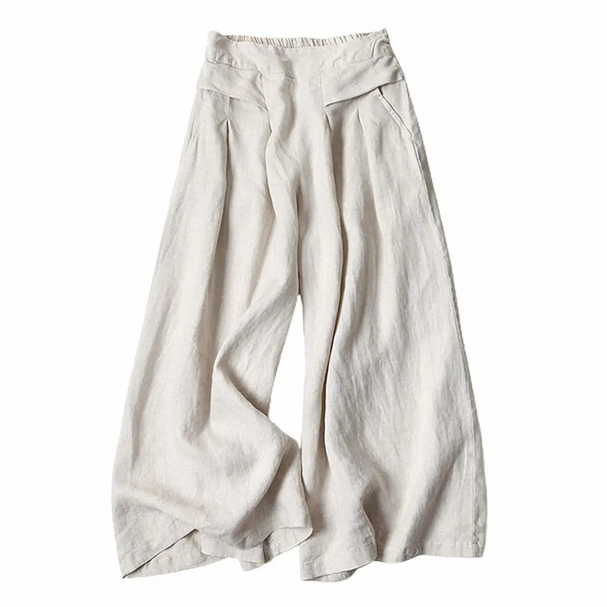 Women's Cotton Linen Wide Leg Culottes – Elastic Waist, Pockets, Minimalist Casual Capri Pants