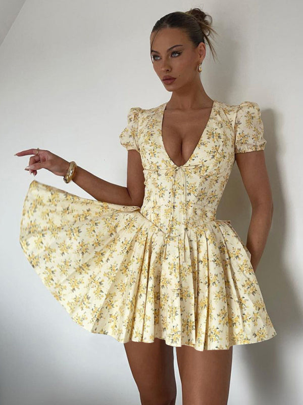 Joanna's Deep V Slim Waist Short Sleeve Medium Pleated Floral Mini Dress