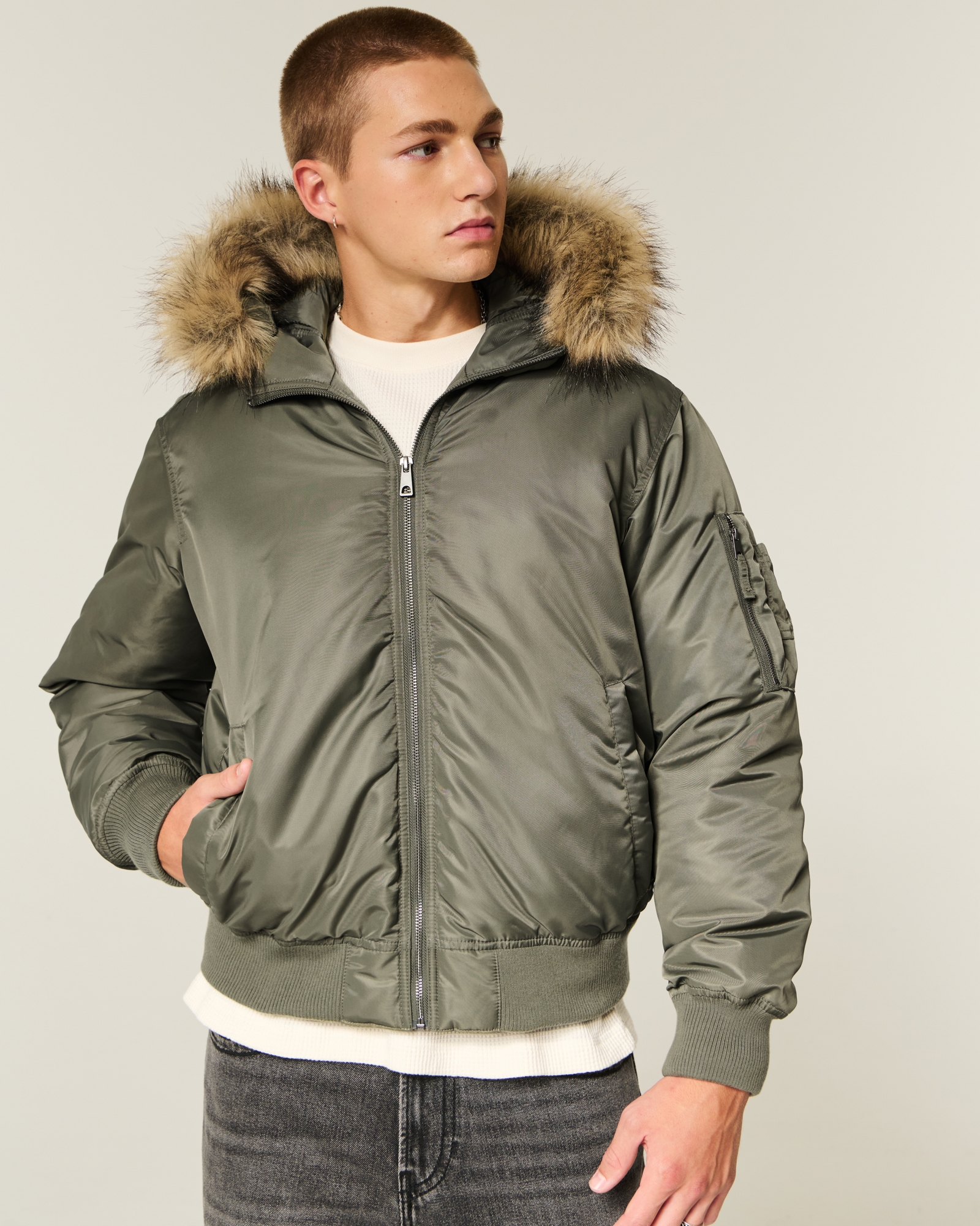 Faux Fur Trim Zip-Up Bomber Jacket
