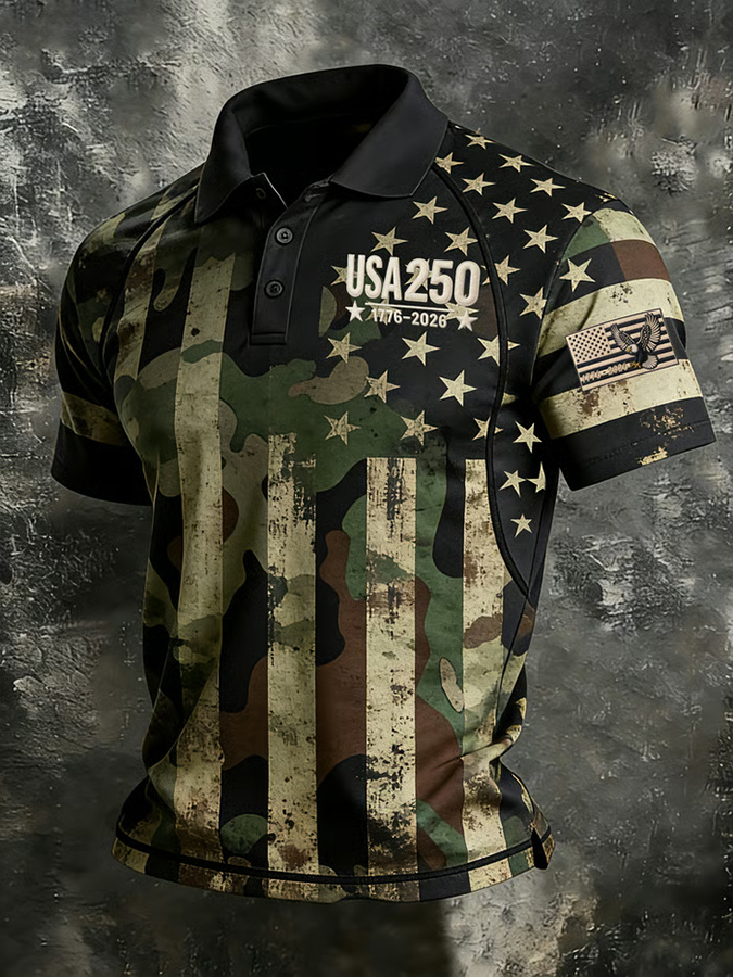 Men'S Retro American Founding Celebration Striped Raglan Polo Shirt